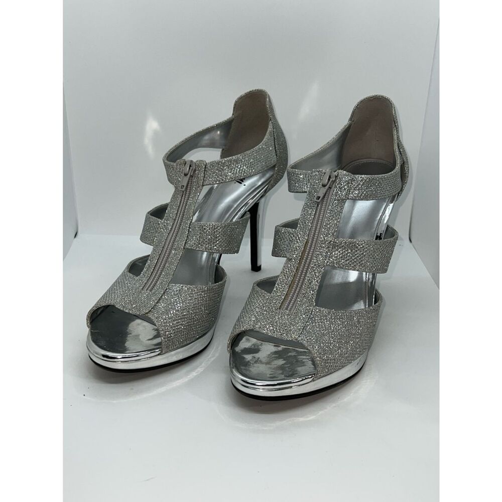 Sexy Silver High Heeled Sandals By Fioni. Size 13 With A 5 Inch Heel.